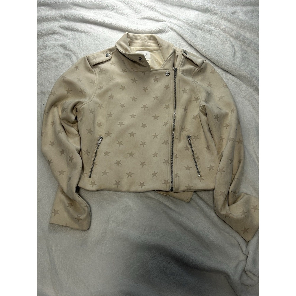 Le Lis Collection Cream Faux Suede Star Print Moto Jacket Womens Size Medium